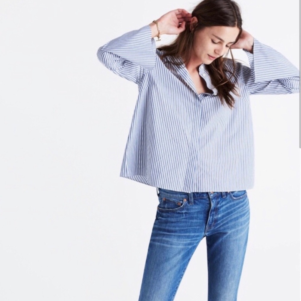 Coastal Blue striped Madewell collarless poplin shirt in Medium